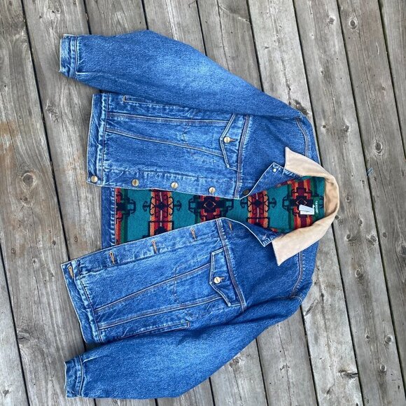 Vintage 1980s Blanket Lined Giordano Aztec Denim Jacket Large - Picture 5 of 14